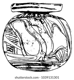 Isolated vector black and white illustration of ancient Greek decorative vessel with mythological fantastic bird with female head. Based on hand drawn linear ink doodle style sketch.