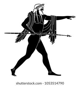 Isolated vector black and white illustration of an ancient Greek warrior god or hero with a spear. 