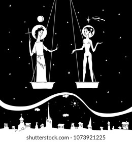 Isolated vector black and white illustration. Fantastic scene. Libra constellation. Two lovers standing on the scales in the night sky above ancient city. Hand drawn original style art.