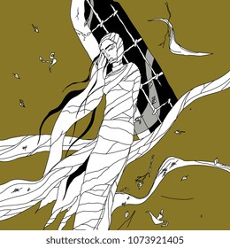 Isolated vector black and white illustration to the short story Ligeia by Edgar Allan Poe. Hand drawn original style art.