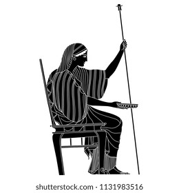 Isolated vector black and white illustration. Ancient Greek beautiful woman or goddess seated on a chair and holding a bowl and a staff. Based on vase painting motif.