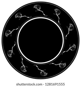 Isolated vector black and white illustration. Abstract round decor, frame or texture with hand drawn silhouettes of desert kangaroo rats. 