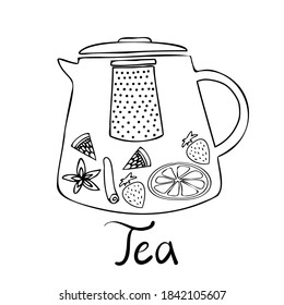 Diseño de ilustración vectorial aislado en blanco y negro de maceta de vidrio ornamental recubierto con frutas, canela y limón. El diseño es perfecto para pegatinas, insignias, ilustraciones de colores, tarjetas, tatuajes