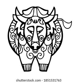 Isolated vector black and white illustration design of ornamental lined bull symbol zodiac taurus sign. The design is perfect for stickers, logos, decorations, tattoos, badges