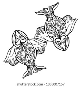 Isolated vector black and white illustration design of ornamental lined fish symbol pisces zodiac sign. The design is perfect for stickers, logos, decorations, tattoos, badges