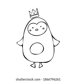 Isolated vector black and white illustration cute design of adorable cartoon penguin with crown. The design is perfect for decorations, coloring books, stickers, badges, tattoos.