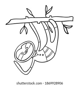 Isolated vector black and white illustration of cute lined sloth in costume on tree branch. The design is perfect for coloring, decorations, stickers, tattoos, posters, cards