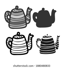 Isolated vector black and white illustration set design of lined ornamental glass tea pots. The design is perfect for textiles, stickers, coloring, decorations
