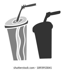 Isolated vector black and white illustration design of lined ornamental glass with a straw. The design is perfect for stickers, badges, coloring illustrations, logo, cards, tattoos