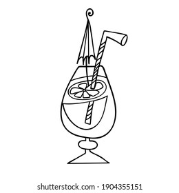 Diseño de ilustraciones en blanco y negro vectorial aislado de siluetas de vidrio de coctel de verano con limón. El diseño es perfecto para pegatinas, insignias, ilustraciones de colores, logotipo, tarjetas, tatuajes
