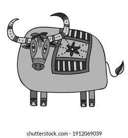 Isolated vector black and white illustration design of ornamental cute lined grey bull symbol zodiac taurus sign. The design is perfect for stickers, logos, decorations, tattoos, badges
