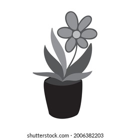 Einzige Vektorgrafik, Schwarz-Weiß-Illustration einer süßen Cartoon-Pflanze in einem Topf. Das Design eignet sich perfekt für Aufkleber, Logos, Symbole, Textilien, Dekorationen, Abzeichen