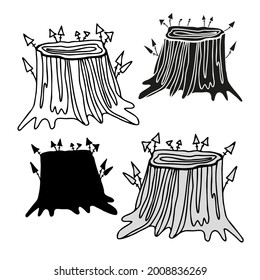 Isolated vector black and white illustration set of stumps with mushrooms, lined and silhouettes. The design is perfect for illustrations, stickers, badges, logos
