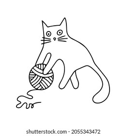 Isolated vector black and white illustration card of cartoon lined black cat playing with ball of threads. The design is perfect for cards, stickers, posters, coloring, postcards, logos, tattoos