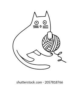 Isolated vector black and white illustration card of cartoon lined black cat playing with ball of threads. The design is perfect for cards, stickers, posters, coloring, postcards, logos, tattoos