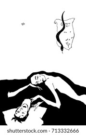 Isolated vector black and white illustration. Pieta. Goddess mourning over dead god. Salome and Iokanaan. Male and female archetypes. Hand drawn original style art.
