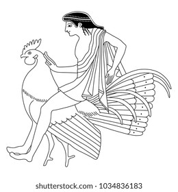 Isolated vector black and white linear illustration of a handsome young man astride a rooster. Based on ancient Greek folk mythological vase painting motif. 
