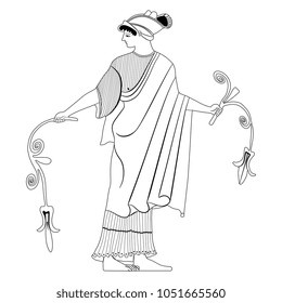 Isolated vector black and white linear illustration of an ancient Greek woman holding two plants.