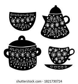 Isolated vector black and white set of silhouettes of kitchen supplies, plate, saucepan, kettle and cup for tea. The design is perfect for stickers, decorations, icons, logos, badges, advertisements