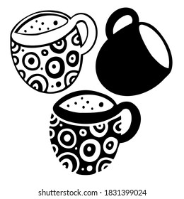 Isolated vector black and white set of silhouettes of ornamental cup of tea or coffee. The design is perfect for stickers, decorations, icon, logo, badges, advertisements