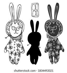 Diseño vectorial aislado en blanco y negro de conejillos ornamentales en pijamas con flores y gafas, alineados y silueta. El diseño es perfecto para pegatinas, colorantes, decoraciones, textiles.