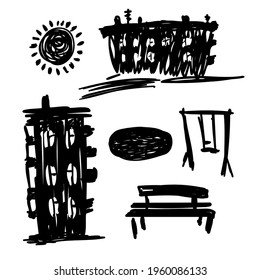 Isolated vector black and white set of sketch silhouettes of city buildings, swings, bench and sun. The design is perfect for stickers, badges, tattoos, decorations, logos