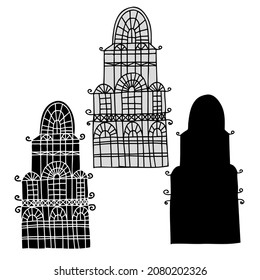 Isolated vector black and white set design of silhouette of lined ornamental houses. The design is perfect for decorations, stickers, badges, logos, coloring, textiles, bags