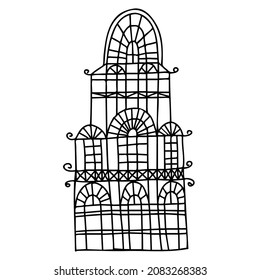 Diseño vectorial aislado en blanco y negro de silueta de casas ornamentales alineadas. El diseño es perfecto para decoraciones, pegatinas, insignias, logotipos, colorantes, textiles, bolsas