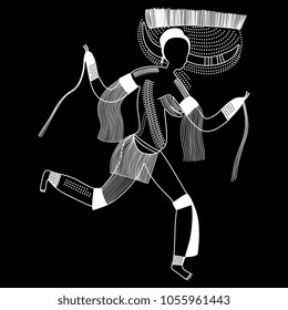Isolated vector black and white silhouette of ancient running  Horned Goddess. Based on North African rock painting from Tassili n'Ajjer in Sahara desert in Algeria. Ethnic prehistoric style.