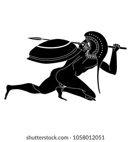 Isolated vector black and white silhouette of an ancient Greek warrior fighting in a battle with shield and spear. 