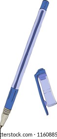 Isolated vector of blue ball pen with cap in doodle style