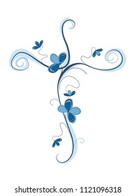 Isolated vector blue Christian cross with flowers. Religion sign