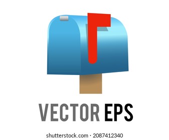 The isolated vector blue close mailbox, letterbox, postbox icon with red raised flag depicted in blue and white envelope
