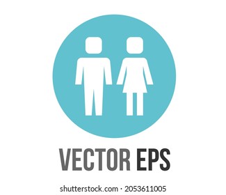 The isolated vector blue restroom circle flat icon button with iconography of man and woman, to indicate location of public bathrooms, toilets, restrooms