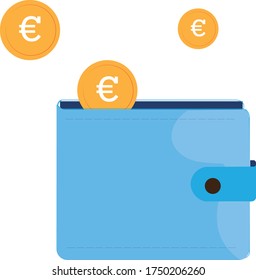 Isolated vector of a blue wallet with coins coming out with the euro symbol on a white background