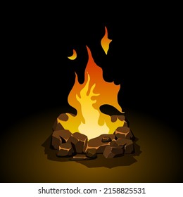 isolated vector bonfire in stone place. Cartoon illustration of fire.