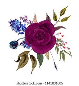 Isolated vector bouquet of different herbs, leaves and burgundy rose.