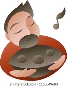 isolated vector. boy with beard In the hands of Handpan (Hang) is playing music