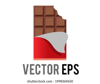The isolated vector brown block of dark chocolate bar icon with red foil wrapper peeled back to show squares of the candy