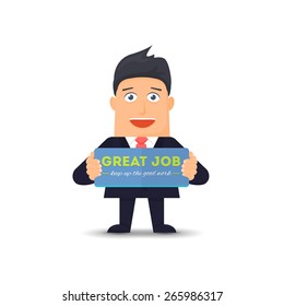 Isolated Vector Businessman Hold Card, Great Job Lettering Flat Design