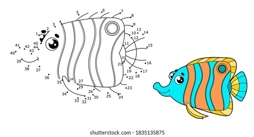 Isolated vector butterfly fish on the white background. Children`s dot to dot game. Learning activity.   