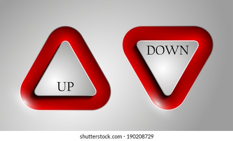 Isolated vector button arrow sign with red border, reflection and shadow on background