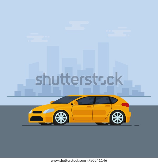 Isolated vector car. Flat design style. The\
city in the\
background