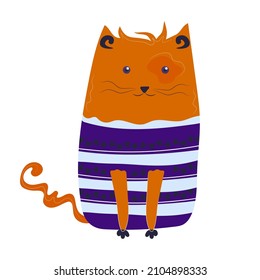 Isolated vector cartoon character ginger cat in striped sweater