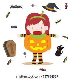 isolated vector cartoon of a cute girl wearing pumpkin costume for halloween with candies, bat, coffin, and witch hat, pumpkin as background ornaments