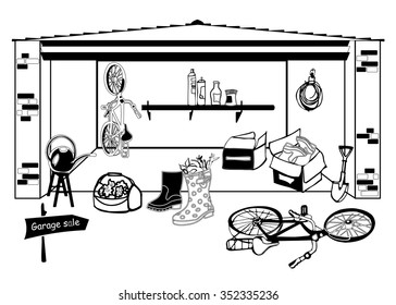 Isolated vector cartoon garage on a white background. It contains different subjects: construction materials, tools for the garden and home. Maybe coloring books children or invitation to sell.
