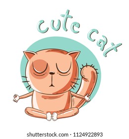 Isolated vector cartoon illustration fo cut fat cat on sitting pose on white backround.
Relax,Doing yoga and get calm,meditation consept.