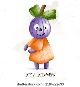 Isolated vector cartoon of Kid in Halloween pumpkin costume. Happy Halloween, watercolor vector illustration
