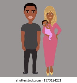 Isolated vector cartoon modern young couple family with baby