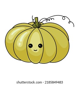 Isolated vector cartoon orange pumpkin with kawaii face on white background. Colorful friendly pumpkin vegetable. Cute funny personage. Flat design. For children product